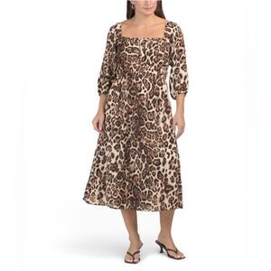Gilli Square Neck Animal Leopard Print Midi Dress Brown Cream S NWT